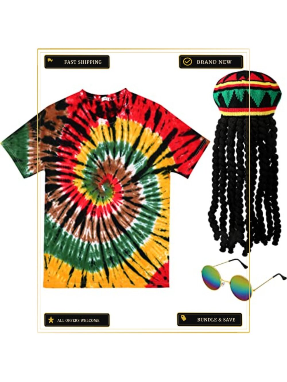 Rasta Reggae Costume Kit Tie Dye Tee Hat Dreadlocks Sunglasses Cosplay